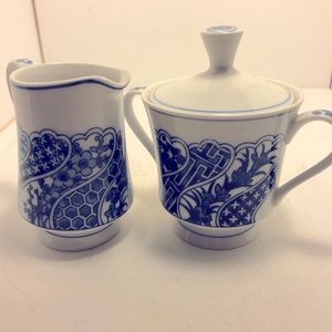 Lac China Cream Pitcher and Sugar Bowl and lid Blue and White floral geometric
